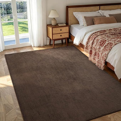 FinRèc 4x6 Washable Area Rugs for Bedroom Living Room, Low Pile Thin Rug Solid Color, Non-Slip Carpet Indoor for Home Decor (Pure Brown)