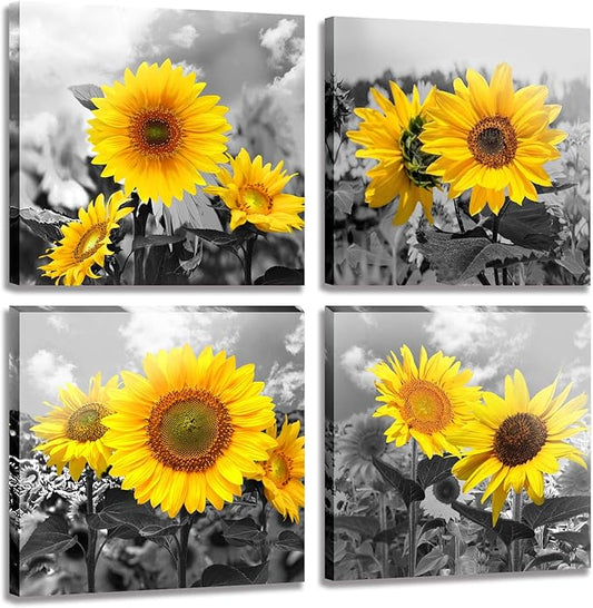 MESESE Wall Art Decor - 4 Panels Sunflower Canvas Wall Art Giclee Modern Home Decoration Watercolor Poster Canvas Picture for Living Room Ready to Hang