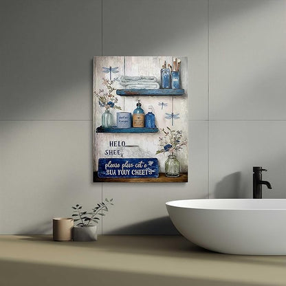 Navy Blue Bathroom Decor Wall Art Rustic Blue Bathroom Canvas Wall Decor Please Seat Yourself Sign Print Painting Vintage Aesthetic Picture Artwork Decor 12x16 Inches