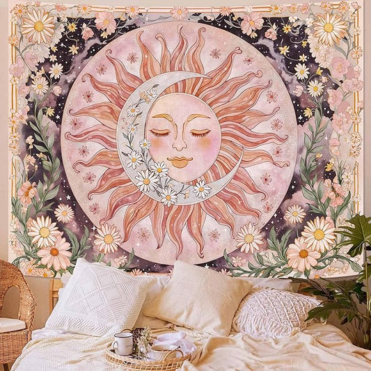 Neasow Sun Moon Daisy Tapestry, Boho Aesthetic Floral Wall Art, Pink Hippie Decor for Living Room Bedroom Home, 44x60 inches