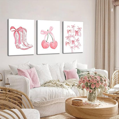 Fashion Pink Bows Wall Art Set of 3, Preppy Watercolor Cherry Cowboy Boots Wall Decor Posters, Cute Aesthetic Room Decor Canvas Prints Picture for College Girl Apartment Bedroom 16x24 Inch Framed
