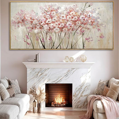 YJYart Floral Wood Wall Art Landscape Photo Prints Pink and White Canvas Poster 40"x86" Office Wall Decorations Picture for Bedroom