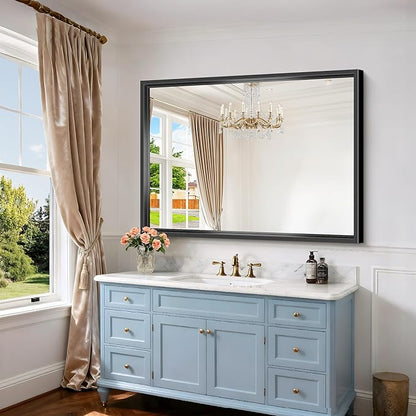 Black Rectangle Mirror, 48 x 36 Inch Large Bathroom Mirrors for Over Sink, 0.6" Thickened Deep Frame Rectangular Wall Mirror, Brushed, Tempered Glass, Antirust, Horizontally/Vertically