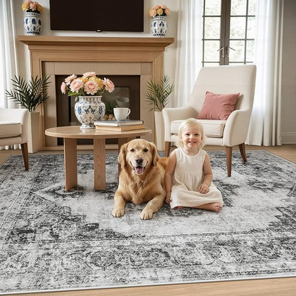Area Rug 4x6 Vintage Rugs: Washable Indoor Medallion Rug Low Pile Distressed Floor Carpet Retro Accent Rugs for Living Room Bedroom Kitchen Dining Table Home Office(Black, 4'x6')