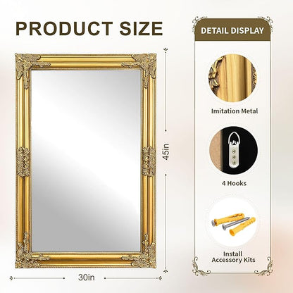 Vintage Gold Mirror for Wall, 30"x45" Antique Decorative Ornate Baroque Mirror for Living Room, Entryway, Bathroom, Fireplace