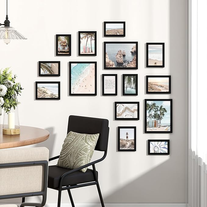 Venusmiles 15 Pack Picture Frames Collage Wall Decor, Gallery Frame Set for Wall Mounting or Tabletop Display, Multi Sizes Including 3pcs 8x10, 6pcs 5x7, 6pcs 4x6, Black
