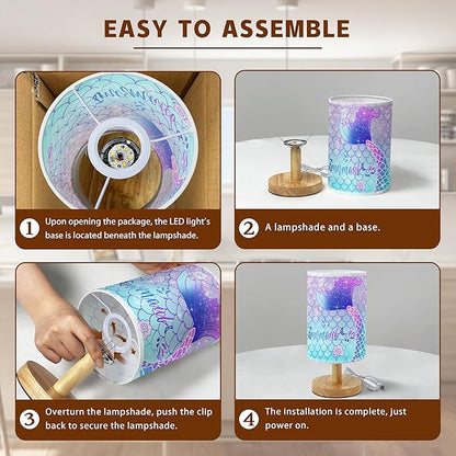 Rainbow Scales Mermaid Bedside Table Lamp for Bedroom with USB Port, Cute Cozy Kids Nightstand Lamp with Wood Base Polyester Fabric Shade for Living Room Dorm Desk (Rainbow02)