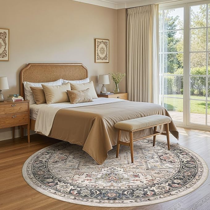 Area Rug for Living Room - 8x8 Large Soft Washable Oriental Vintage Floral Carpet Safe for Babies & Pets - Fade Stain Resistant Non Slip Rugs for Bedroom Dining Room Nursery Dorm Office Home Decor
