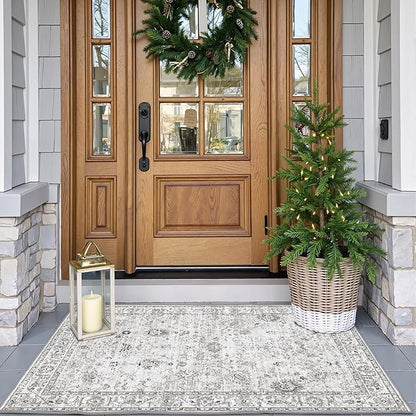 Grey Floral Rug for Entryway, 2x3 Washable Kitchen Mat Ultra-Thin Soft, Non-Slip Indoor Door Carpet Stain Resistant Boho Small Low-Pile Throw for Bathroom Bedroom