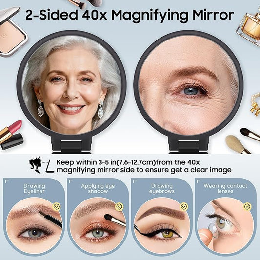 B Beauty Planet 40X Magnifying Mirror, Hand Mirror for Makeup, Double Sided with 40X/1X Magnification, Travel Essential, Portable Foldable for Desktop and Bathroom, Gift for Women, Black