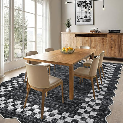 Small Bedroom Area Rug 3x5 Checkered Area Rug for Living Room Nursery Non Slip Kitchen Throw Carpet Low Pile Modern Bordered Rugs Washable Bathroom Mat Soft Brown Rugs for Laundry Entryway, Grey