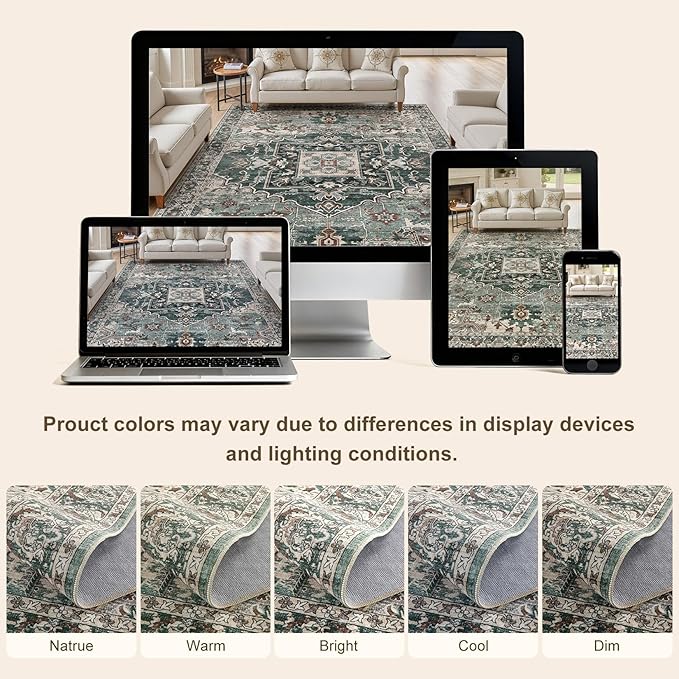 8x10 Washable Area Rugs for Living Room: Non Slip Vintage Green Rug, Large Soft Stain Resistant Indoor Floor Carpets for Bedroom Dining Room Nursery Home Office Kid & Pet Friendly