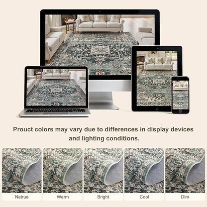 8x10 Washable Area Rugs for Living Room: Non Slip Vintage Green Rug, Large Soft Stain Resistant Indoor Floor Carpets for Bedroom Dining Room Nursery Home Office Kid & Pet Friendly