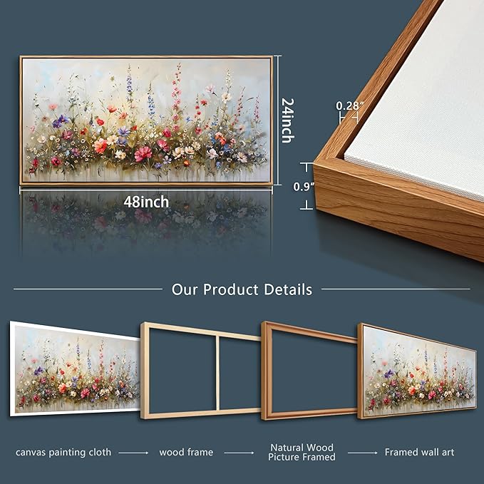 hyidecorart Wood Framed Canvas Print Wall Art Living Room Boho Wall Decor For Bedroom Farmhouse Pastel Watercolor Wild flowers Nature Field Landscape Wall Paintings Pictures Office Wall Art Decor