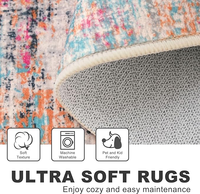 KILOCOCO Abstract Small Area Rug 2x3 Entryway Rug Washable Kitchen Rugs Door Mat Indoor Entrance Soft Pinted Non Slip Throw Rugs for Front Door Foyer Farmhouse Floor Mats, Pink/Orange/Blue