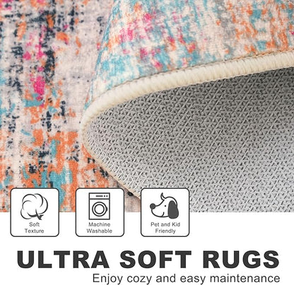 KILOCOCO Modern Abstract Runner Rug 2x6 ft Washable Hallway Runner Rug Non Slip Soft Pinted Kitchen Runners for Hallways Entryway Bedside Laundry Room Floor Runners, Pink/Orange/Blue