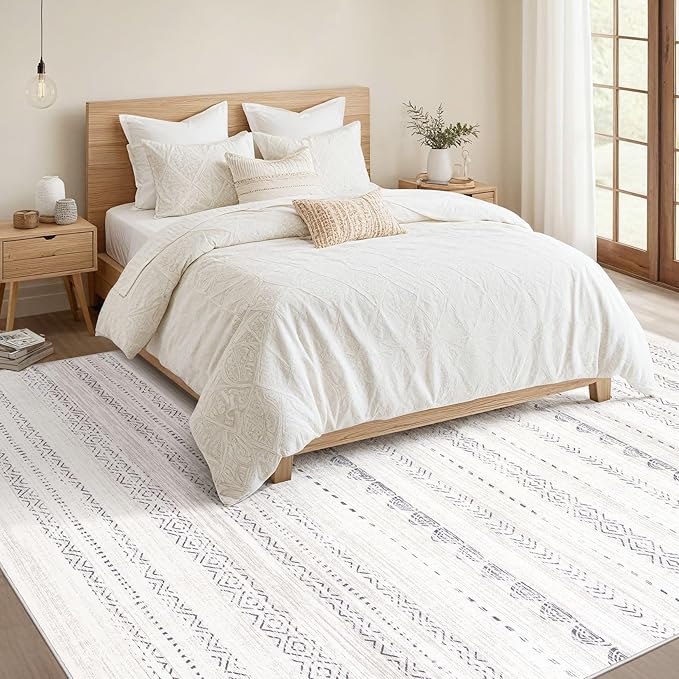 Nakagishi Area Rugs 9x12 Living Room: Washable Boho Large Neutral Modern Soft Farmhouse Rug Stain Resistant Indoor Non-Slip Accent Carpet for Bedroom Nursery Kids Playroom Office Dining Room- Gray