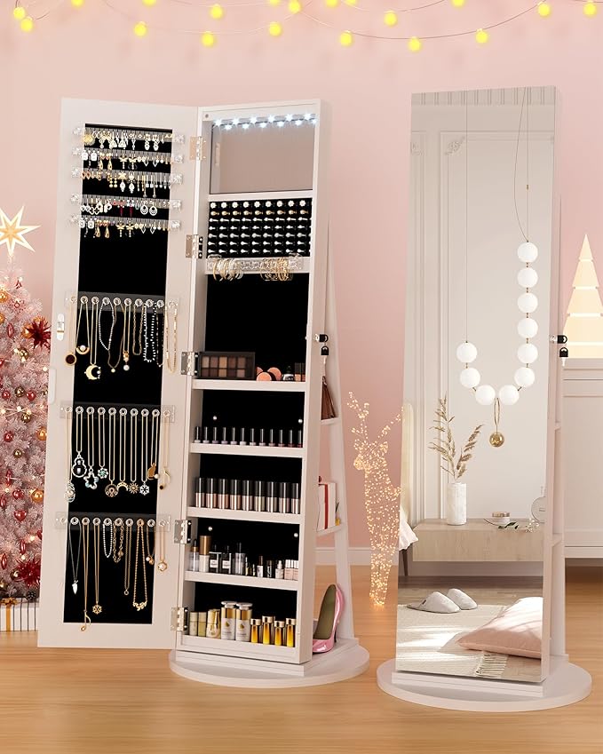 6 LEDs Jewelry Armoire with Frameless Full-Length Mirror, 360° Swivel Jewelry Cabinet Standing with 3 Back Shelves, Jewelry Organizer with Storage Lockable for Women Gift, White