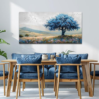 KELIYUAN Large Farmhouse Wall Art For Living Room Canvas Wall Decor For Office Bedroom Hotel room Field Scenery Wall Painting Blue Trees Picture Modern Home Decoration Artwork Ready To Hang 24x48In