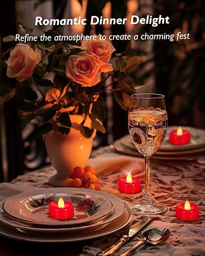 merrynights LED Candles, 24 Pack Tea Lights Candles Battery Operated, Flameless Tealight Candle, Realistic Tea Lights for Halloween Christmas Party Decor -D 1.5” x H 1.25”-Red