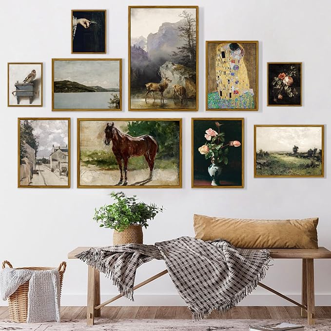 crmotu Vintage Framed Wall Art, Animal Deers Painting Canvas Prints, Mountain Mist Landscape Rustic Home Decorations, Nature Aesthetic Pictures Wall Decor Living Room Bedroom Bathroom Kitchen 20x30in