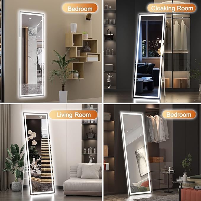 Hasipu Full Length Mirror with Lights, 56" x 15.8" LED Floor, Full Body Dressing Standing, Hanging Mounted Mirror, Square Black