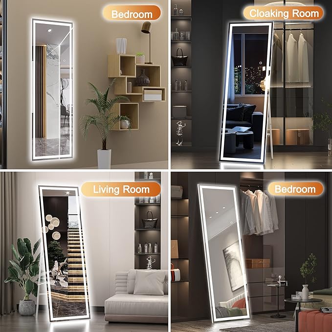 Hasipu Full Length Mirror with Lights, 56" x 15.8" LED Floor, Full Body Dressing Standing, Hanging Mounted Mirror, Square White