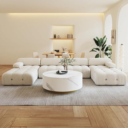 138'' Modular Sectional Couch, U-Shaped Velvet Sofa with Reversible Chaise Ottoman, Minimalist 6-Seat Bubble Sofa, Modern Cloud Sectional Couches for Living Room, Apartment (6 Seats, Beige)