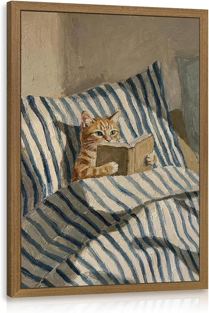 Cyebmo Funny Tabby Cat Wall Art, Whimsical Cat Reading Book Wall Decor, Cozy Book Lover Animal Poster Print, Minimalist Cute Animal Artwork for Living Room Bedroom Wood Framed 12x16 Inch