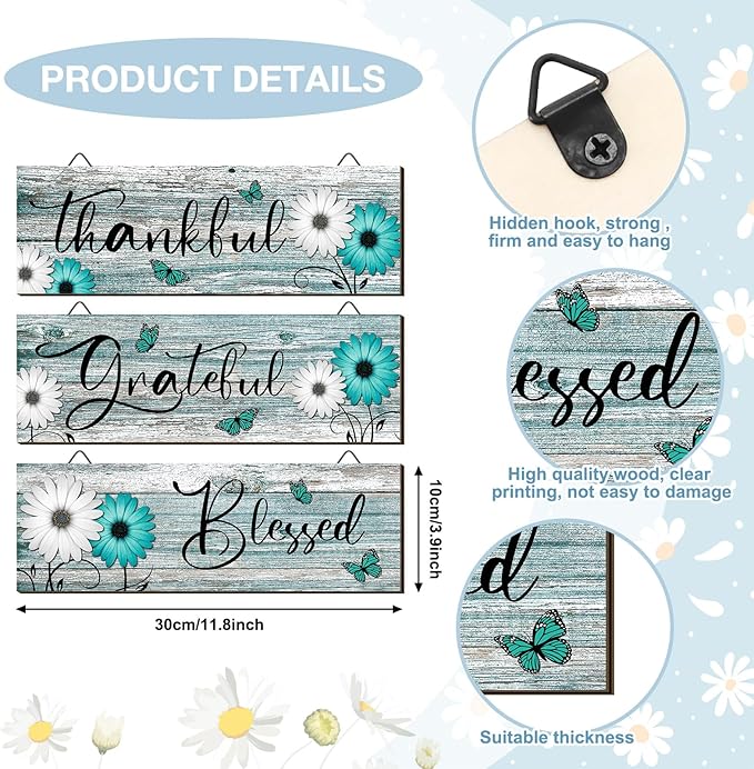 Geetery 3 Pcs Thankful Grateful Blessed Wooden Signs Rustic Daisy Wood Wall Decor Inspirational Wall Art Signs Rustic Wooden Hanging Decorations for Bedroom Kitchen Living Room Bathroom Home (Teal)