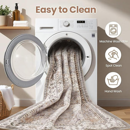 EIEIHOUSE Washable Area Rugs for Living Room - 8x10 Neutral Vintage Distressed Floral Farmhouse Boho Large Soft Floor Rug Indoor Non Slip Carpet for Bedroom Dining Room Office - Grey Brown
