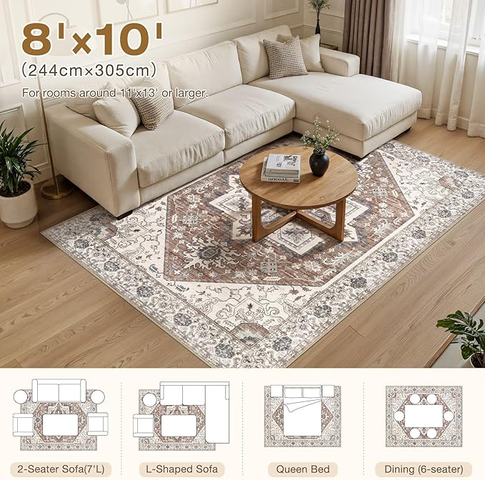 Area Rug 8x10 for Living Room - Washable Oriental Vintage Floral Distressed Large Indoor Carpets with Non Slip Back for Bedroom Dining Room Nursery Office Home Decor -Terracotta/Brown