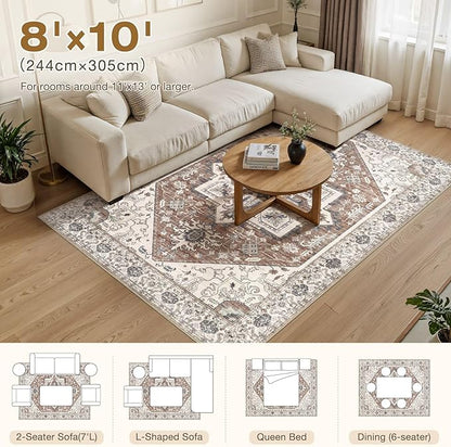 Area Rug 8x10 for Living Room - Washable Oriental Vintage Floral Distressed Large Indoor Carpets with Non Slip Back for Bedroom Dining Room Nursery Office Home Decor -Terracotta/Brown