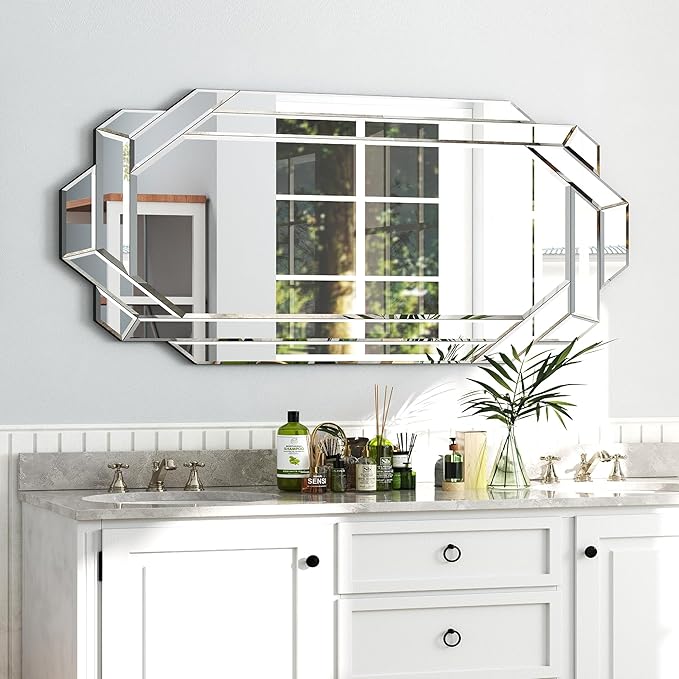 Chende 24" x 47" Large Wall Mirror for Decor, Octagonal Decorative Mirror with Beveled Edge and Glass Pieces, Large Accent Mirror for Living Room, Bedroom, Dining Room, Hallway