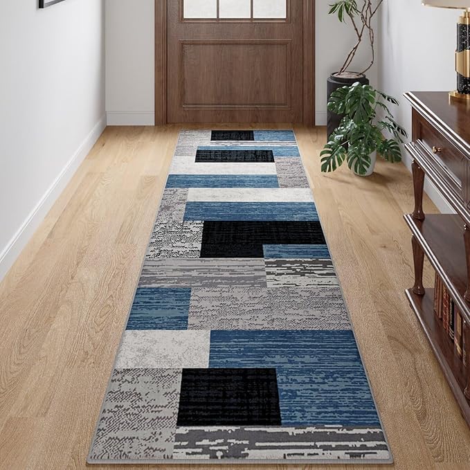 FlyDOIT Modern Geometric Patchwork Area Rug, 2x6 Blue Runner Rugs for Living Room, Rockwood Collection Indoor Rugs for Bedroom, Throw Carpet Floor Decor for Entryway Dining Room Office Nursery