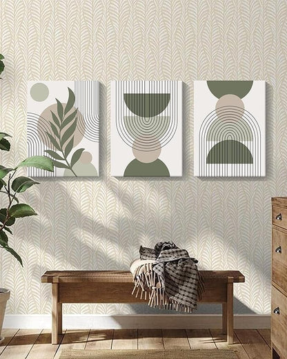 Drsoum 12x16in Boho Wall Art Green Sage Decor Framed Wood Modern Bohemian Abstract Geometry Canvas Prints Ready to Hang