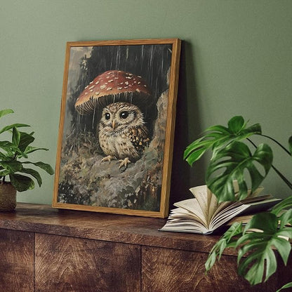 Framed Vintage Owl Canvas Wall Art, Cute Bird Mushroom Pictures Wall Decor, Cottagecore Forest Animal Paintings Prints Gothic Rustic Moody Home Decor for Living Room Bedroom Nursery 12x16 inch