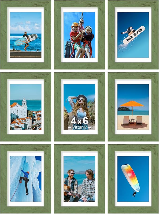 Vittanly 4x6 Picture Frames Set of 9, Display 3.5x5 Pictures with Mat or 4x6 without Mat, Photo Frames for Wall or Tabletop with Plexiglass, Engineered Wood, Rustic Green