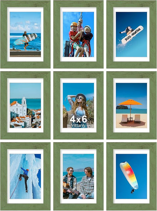 Vittanly 4x6 Picture Frames Set of 9, Display 3.5x5 Pictures with Mat or 4x6 without Mat, Photo Frames for Wall or Tabletop with Plexiglass, Engineered Wood, Rustic Green