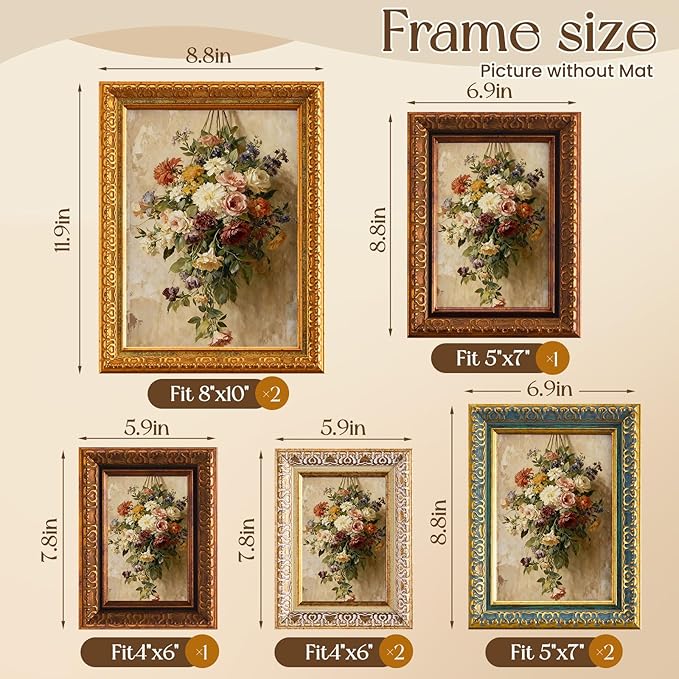 Novabright 8 Pcs Multicolor Vintage Picture Frames Gallery Wall Frame Set Antique Collage Photo Decor for Wall Mounting or Tabletop Display Multi Sizes for Gallery Living Room (8x10, 5x7, 4x6)