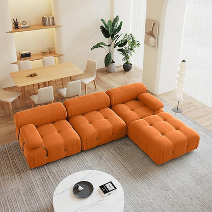 104'' Modular Sectional Sofa, L-Shaped Velvet Modular Couch with Reversible Chaise Ottoman, Modern Cloud Sectional Couches for Living Room, Apartment (3 Seats, 1 Ottoman, Orange) ﻿