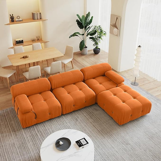 104'' Modular Sectional Sofa, L-Shaped Velvet Modular Couch with Reversible Chaise Ottoman, Modern Cloud Sectional Couches for Living Room, Apartment (3 Seats, 1 Ottoman, Orange) ﻿