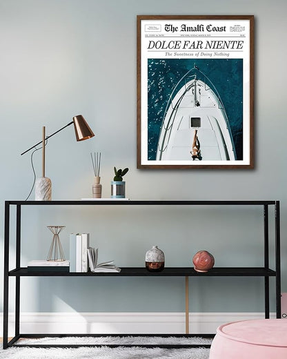 EcoHest Trendy Newspaper Dolce Far Niente Framed Wall Art, 12x16 in Walnut Color OAK Wood La Dolce Vita Canvas Art, Magazine Italian Summer Headline Print Decor, Set of 1 for Bedroom Living Room