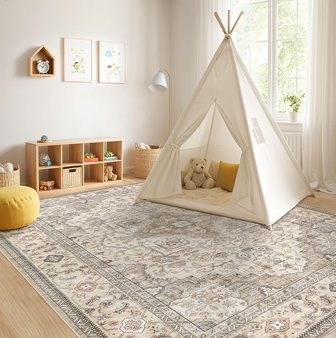 EIEIHOUSE Washable Area Rugs for Living Room -7x10 Neutral Vintage Distressed Floral Farmhouse Boho Large Soft Floor Rug Indoor Non Slip Carpet for Living Room Bedroom Dining Room Office-Brown/Multi