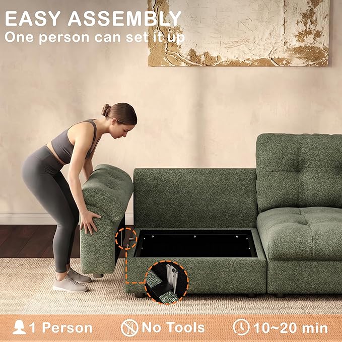 Oversized Modular Sectional Sofa with Storage, Modern Deep Seat Cloud Couch for Living Room, L-Shaped Large Sectional Couch, Only Single Seat, Green