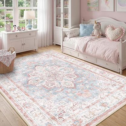 CAPALOCA Machine Washable Rugs Nursery Rug 5x7 Cute Girl Non Slip Low Pile Water Repellent Soft Print Pattern for Bedroom Indoor Decor Kids Playroom Pink Blue