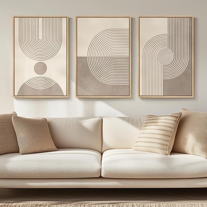 Framed Neutral Modern Minimalist Wall Art for Living Room, 3 Piece Boho Abstract Canvas Prints Artwork for Walls, Mid Century Boho Neutral Geometric Paintings for Bedroom Hallway Wall Decor, 16x24 In