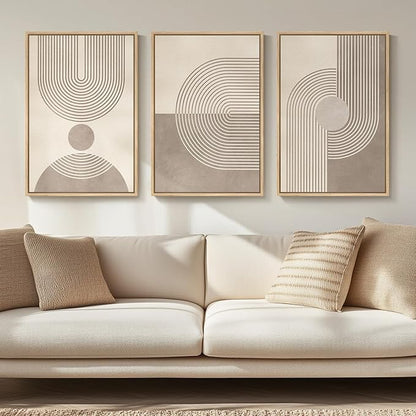 Framed Neutral Modern Minimalist Wall Art for Living Room, 3 Piece Boho Abstract Canvas Prints Artwork for Walls, Mid Century Boho Neutral Geometric Paintings for Bedroom Hallway Wall Decor, 16x24 In