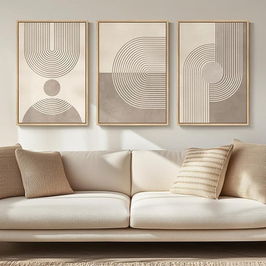 Framed Neutral Modern Minimalist Wall Art for Living Room, 3 Piece Boho Abstract Canvas Prints Artwork for Walls, Mid Century Boho Neutral Geometric Paintings for Bedroom Hallway Wall Decor, 16x24 In