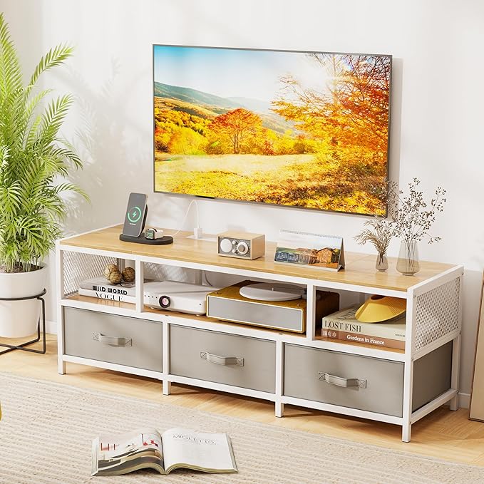 Giantex Dresser TV Stand for 65 Inch TV, Modern Entertainment Center w/Power Outlets, Open Shelf & Fabric Drawers, Television Stands, TV Console Table for Living Room Bedroom (Natural+White)